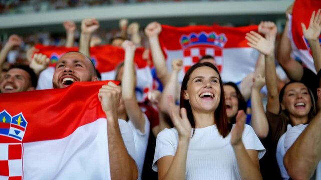 Fans celebrating and waving Croatia flags at a sports event
