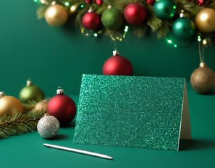 Elegant green card with glitter placed next to shiny ornaments, embodying the festive spirit of the holiday season.
