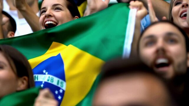 Fans celebrating and waving Brazil flag at a sports event
