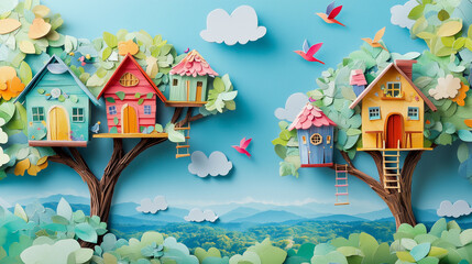 A whimsical paper art scene of a treehouse village high in the sky, with houses built from colorful paper leaves, branches, and tiny wooden ladders