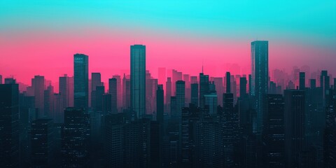 Obraz premium A vibrant city skyline silhouetted against a pink and blue gradient sky during twilight, creating a stunning urban landscape.