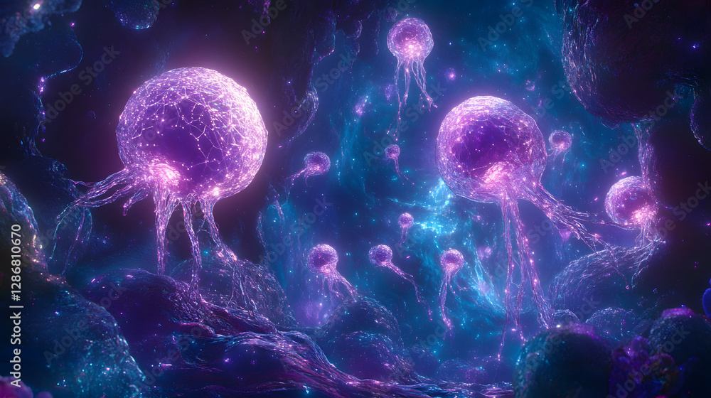 Aufkleber group of jellyfish floating in a colorful nebula with vivid cosmic background and ethereal light eff