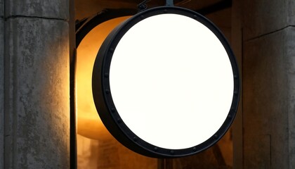 Two round objects with blank white spaces are positioned against a wall, possibly used as placeholders or templates.