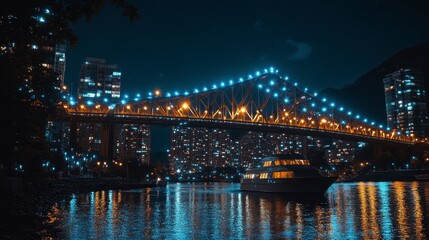 Obraz premium A nighttime bridge over the river with illuminated lights and boat