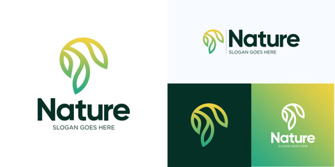 Green Nature leaves logo, Green plant or gardening logo design, Sprout leaf logotype, Agriculture vector logo concept, Ecology of environmental protection, organic icon logo, Nature farm, Icon logo P