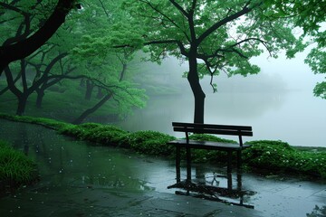 A bench is sitting on a path next to a lake