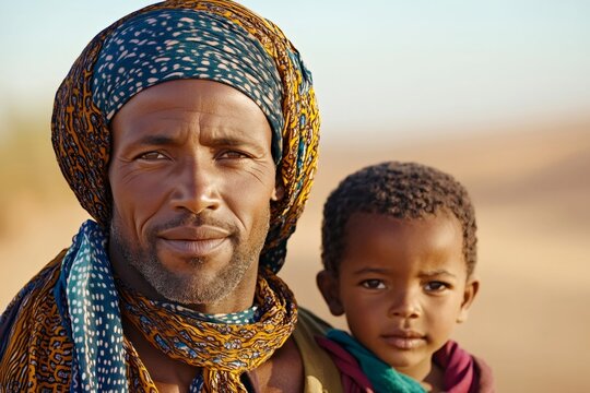 Berber man wearing traditional clothing carrying son in desert
