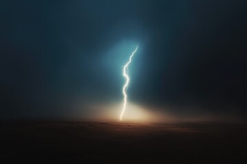 A single lightning bolt strikes a dark, desolate landscape, illuminating the ground below with an ethereal glow.