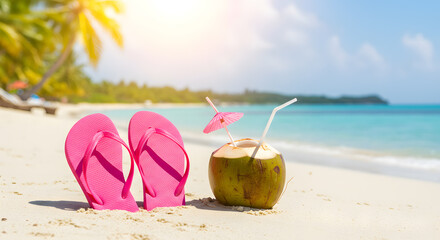 Flip-flops and a refreshing coconut cocktail create a relaxing beach scene, embodying the essence of a tropical vacation.