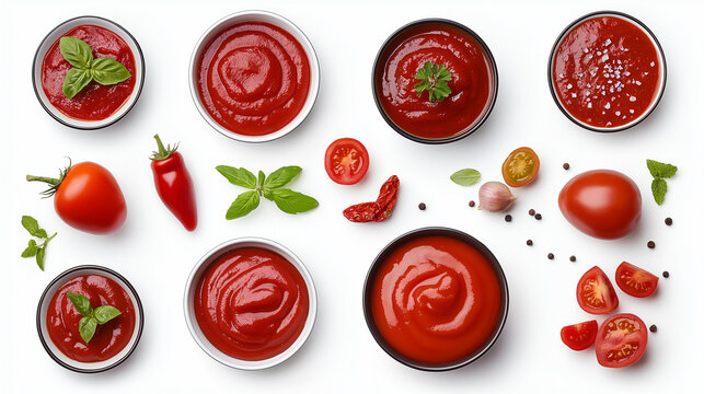 Collage of tasty ketchup in different bowls isolated on white, top and side views. Tomato sauce, set of red tomato, restaurant, banner, Ketchup in cup on white background, restaurant, banner, Ketchup 
