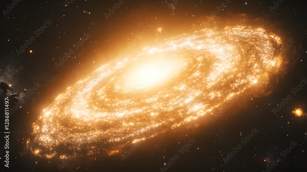 Poster large spiral galaxy with bright cosmic features and colorful abstract elements in deep space