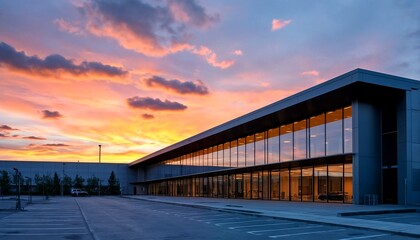 Obraz premium an industrial building with a parking lot and streetlights at sunset.
