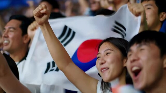 Excited South Korean fans cheering and waving the national flag at a sports event
