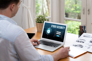Cyber security system on computer screen protect private information brisk from hacker and cyber...