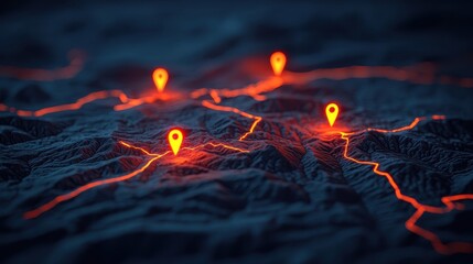 The image features a dark landscape with illuminated red location pins connected by glowing lines, suggesting a digital map or navigation system.