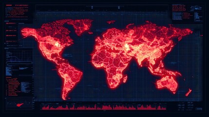 Obraz premium A vibrant, red heatmap representation of the world, displaying data patterns and geographic information, set against a dark grid background.