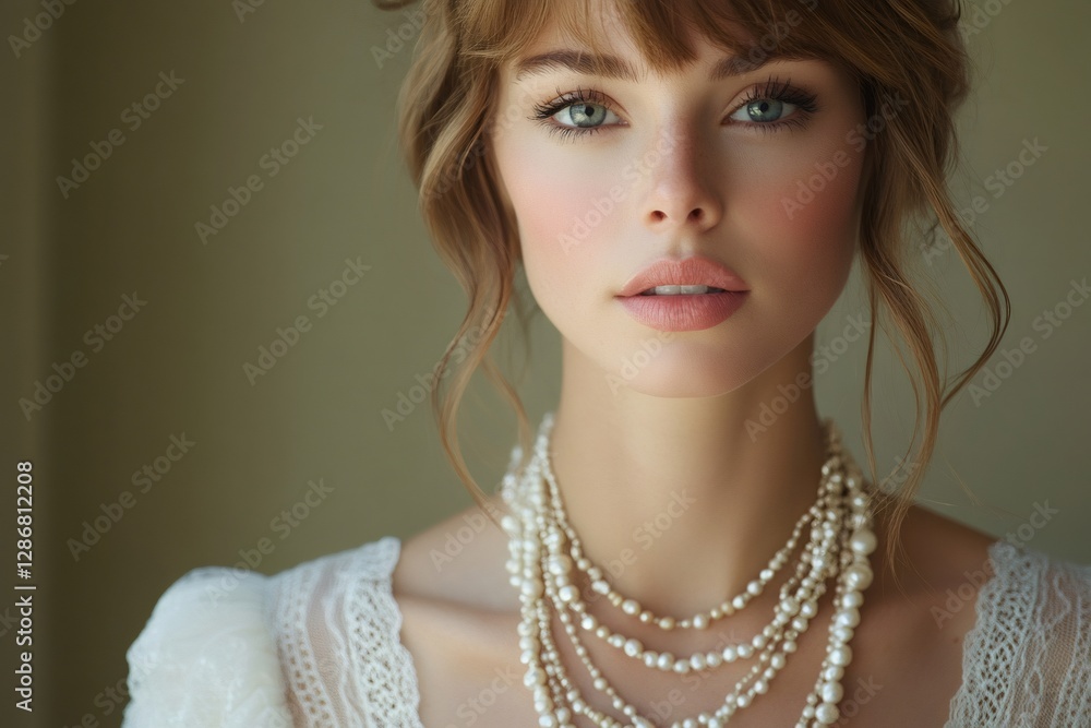 Wall mural Beautiful blonde bride wearing pearl necklace and white dress