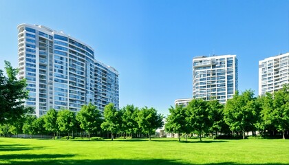 A large white building with many windows and balconies is situated on a grassy area surrounded by trees.