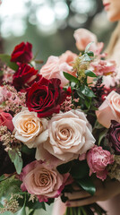 Close-up of a bouquet of mixed roses in shades of red, pink, and cream, showcasing their natural beauty in a delicate floral arrangement.