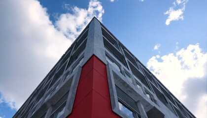 The building in the image has a red section on its corner and is set against a blue sky with white clouds.