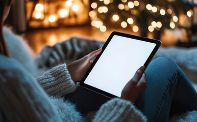 woman holding tablet with blank screen cozy winter evening
