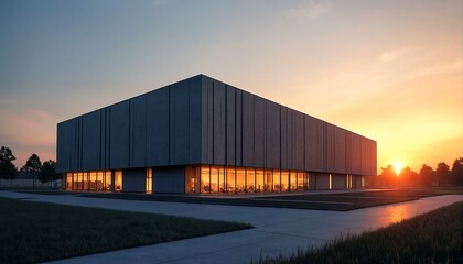 Obraz premium A modern building with large windows sits in front of a grassy field at sunset.