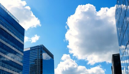 Fototapeta premium tall glass skyscrapers surrounded by fluffy white clouds and blue sky.