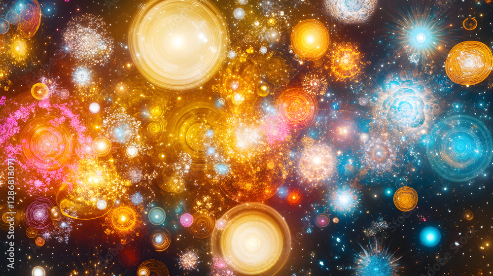 Poster colorful background with various colored lights and abstract design elements creating a vibrant cosm