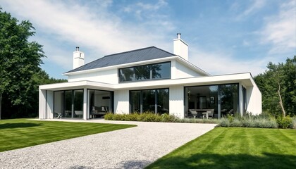 Fototapeta premium the exterior of a modern white house with black accents and large windows.