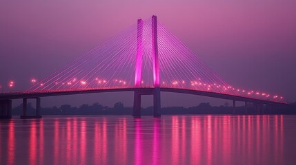 Naklejka premium A Beautiful Suspension Bridge Illuminated in Pink Over Water