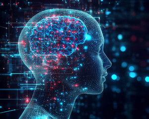 Digital rendering of a human head silhouette with a glowing brain connected to a futuristic digital network, symbolizing artificial intelligence and cognitive science.