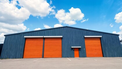 Fototapeta premium A large blue warehouse with orange garage doors and an asphalt lot outside on a sunny day.