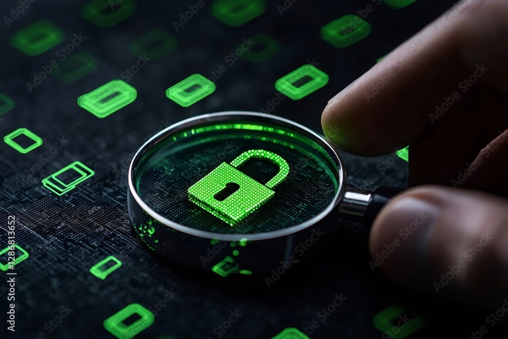 Poster cybersecurity expert examining padlock icon symbolizing online security with magnifying glass