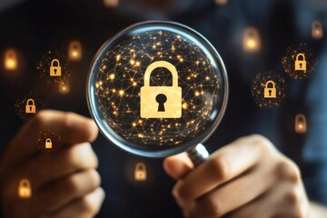 Businessman holding magnifying glass showing padlock icon and network connection, cybersecurity concept