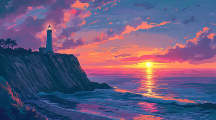 Lighthouse on rocky coast of ocean or sea during sunset or sunrise. Summer evening cartoon landscape of seashore with light beacon tower on cliff with grass, pink and purple gradient sky with clouds.