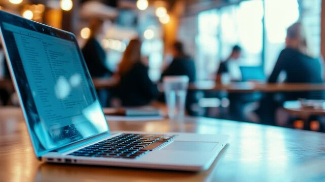 Laptop on wooden table in modern coffee shop, Open laptop displaying an email inbox, placed on a wooden table in a coffee shop with blurred people and warm ambient lighting in the background