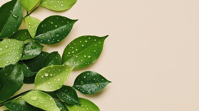 Elegant Abstract depiction of raindrops on spring leaves with a blurred gradient of greens and blues refreshing spring rain theme 