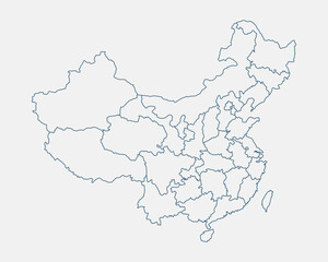 Outline China map isolated on white background. China map. China map outline template. Editable China map outline with regional divisions. Vector illustration