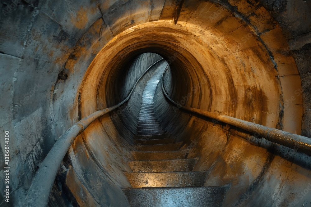 Poster Staircase descending into round tunnel with handrails