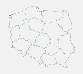 Outline Poland map isolated on white background. Poland map. Poland map outline template. Editable Poland map outline with voivodeship divisions. Vector illustration