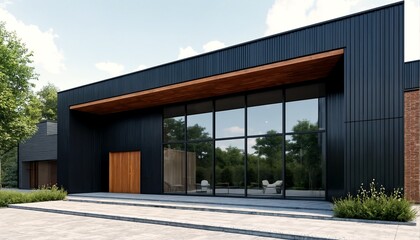 Fototapeta premium A modern house with a black exterior and large windows.