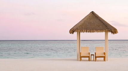 Fototapeta premium Elegant Beachside cabana with wooden chairs and a thatched roof overlooking a calm ocean sunset luxurious vacation backdrop 