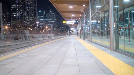Obraz premium Empty light rail platform at night, city skyline background, transportation, public transit