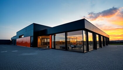 Obraz premium The image shows a modern building with large windows and an open entrance, set against a backdrop of a vibrant sunset.