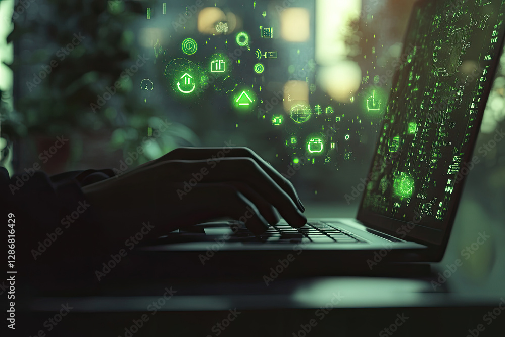 Poster hacker typing on laptop with green digital interface overlay