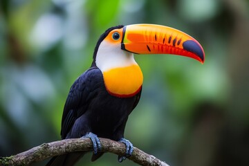 Fototapeta premium Colorful toucan perched on a branch in lush tropical rainforest