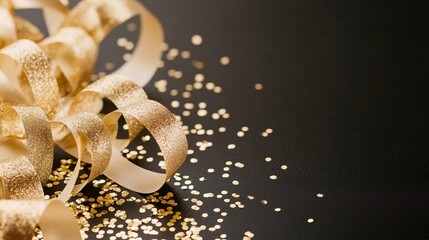 Elegant Golden streamers and sparkles on a sleek black background for an elegant birthday party or night event 
