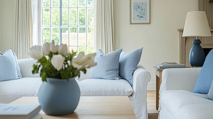 English style cottage interior in blue and white colour, delicate patterns, vintage furnishings, evoking the timeless charm and tranquillity of a classic countryside