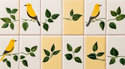 Elegant Hand crafted azulejo wall featuring stylized birds vines and symmetrical geometric shapes in classic Portuguese fashion traditional yet lively 