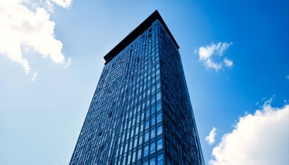 A tall blue building with many windows and a black roof stands against a bright blue sky with white clouds.